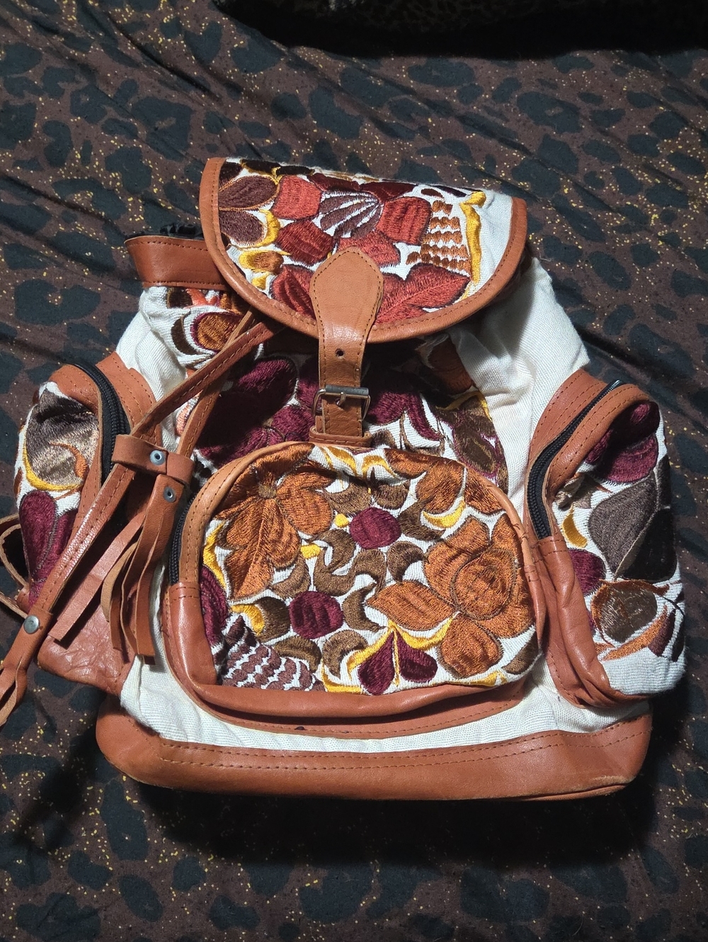 Embroidered Multi-Color Canvas Amd Pleather Backpack